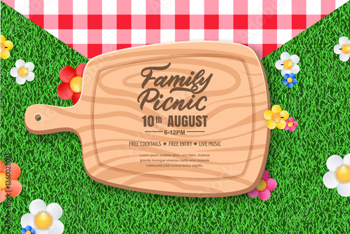 Picnic banner design with tablecloth, wooden cutting board, flowers on green grass background. Vector illustration