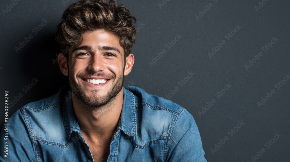 Fototapeta premium Smiling young man in denim shirt studio portrait closeup modern backdrop positive vibes