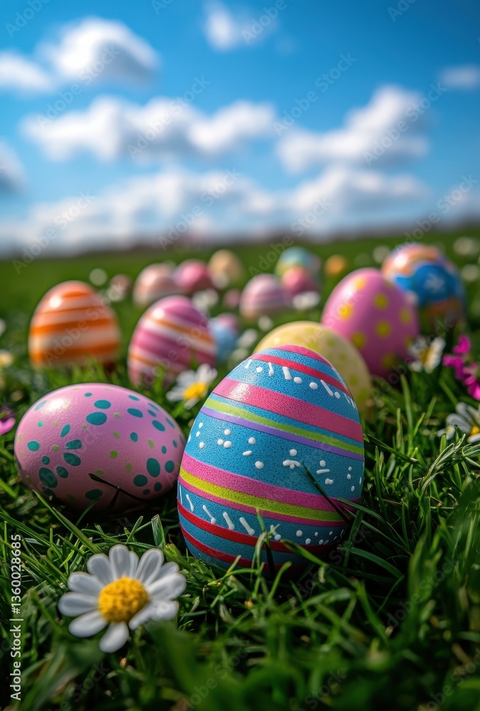 Colorful Easter Eggs Lying on Green Grass Surrounded by White Daisies Under a Bright Blue Sky with Fluffy Clouds Colorful Easter Eggs Lying on Green Grass Surrounded by White Daisies Under a Bright Blue Sky with Fluffy Clouds