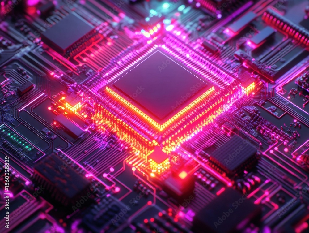 Obraz premium Pulsating neon light digital circuit board technology environment high-tech visuals close-up view