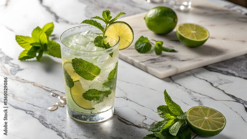 Refreshing Mojito Cocktail with Mint and Lime on Marble Surface Refreshing Mojito Cocktail with Mint and Lime on Marble Surface