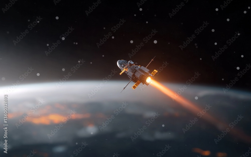 Spacecraft departing Earth, fiery engine trail visible against a dark space background with stars and planet Earth's horizon. Image depicts a sense of adventure and exploration Spacecraft departing Earth, fiery engine trail visible against a dark space background with stars and planet Earth's horizon. Image depicts a sense of adventure and exploration