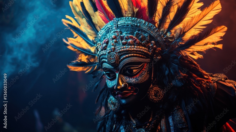 Masked dancer, ritual, smoke, feathers, India, performance, culture, art, festival, mystic Masked dancer, ritual, smoke, feathers, India, performance, culture, art, festival, mystic