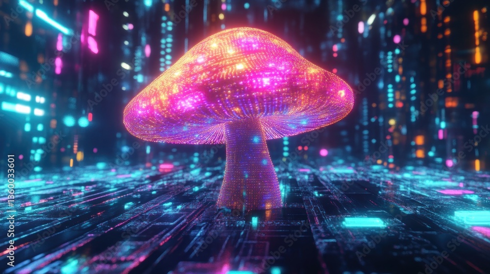 Fototapeta premium Glowing Cyber-Mushroom in Neon Cityscape (1)