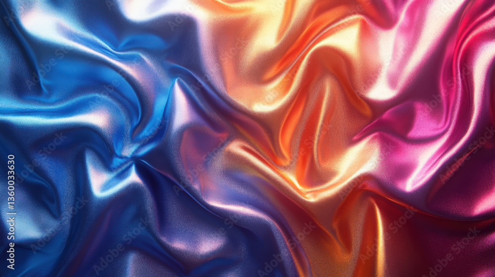 Obraz premium vibrant and colorful satin fabric texture featuring blend of blue, orange, and pink hues, creating dynamic and visually appealing surface. smoothness and sheen of material evoke sense of luxury