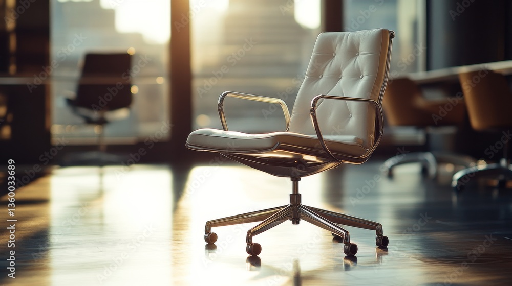 Modern Ergonomic Office Chair in Sunlit Workspace with Urban View and Reflective Surface Modern Ergonomic Office Chair in Sunlit Workspace with Urban View and Reflective Surface