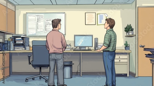 Two Professionals Engaged in Discussion in a Modern Office Environment with Technology and Documents