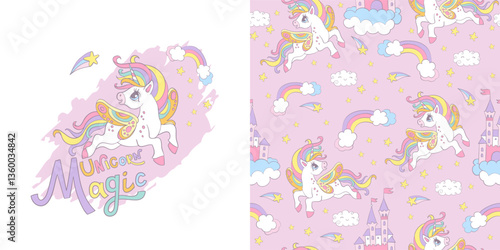 Happy unicorn. Isolated illustration and seamless pattern with unicorns and magic elements. Vector set of magic horse and background. For kids clothes, fabrics, dishes, bed linen, print and design