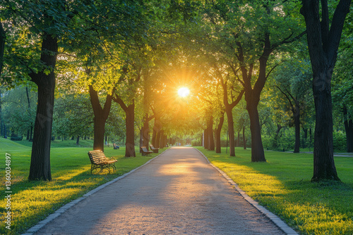 Park at sunset: Trees silhouetted against orange sky, benches glinting in fading light, serene atmosphere radiating peace and beauty.