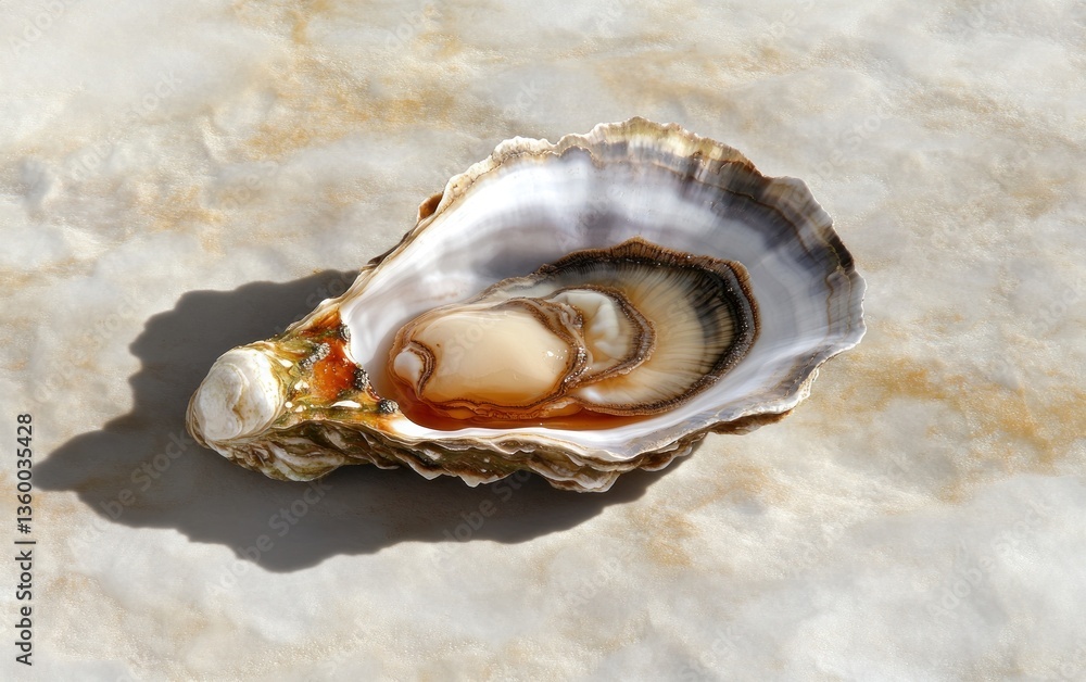 Close-up view of a single oyster on a marble surface. The oyster is open, revealing its creamy interior and a small amount of liquor. The marble has a light beige color with subtle gold veining Close-up view of a single oyster on a marble surface. The oyster is open, revealing its creamy interior and a small amount of liquor. The marble has a light beige color with subtle gold veining