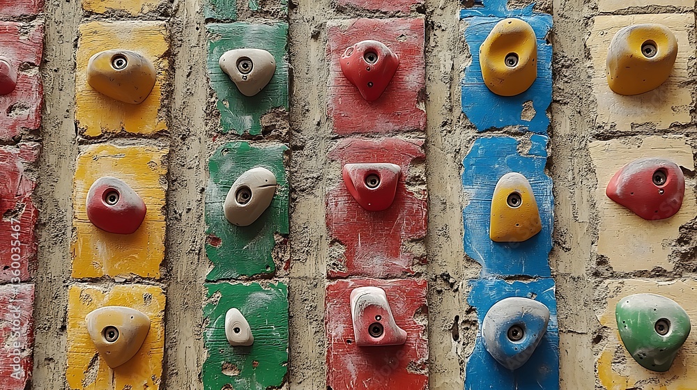 Fototapeta premium A colorful climbing wall covered with various holds for training