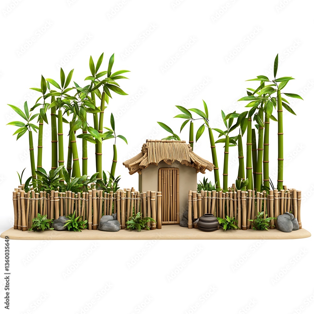 Obraz premium Idyllic Bamboo Hut and Garden A 3D Render of Tranquil Asian-Inspired Scene.