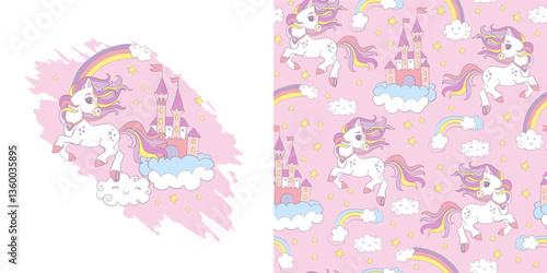 Happy unicorn. Isolated illustration and seamless pattern with unicorns and magic elements. Vector set of magic horse and background. For kids clothes, fabrics, dishes, bed linen, print and design