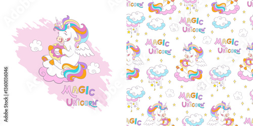 Happy unicorn. Isolated illustration and seamless pattern with unicorns and magic elements. Vector set of magic horse and background. For kids clothes, fabrics, dishes, bed linen, print and design