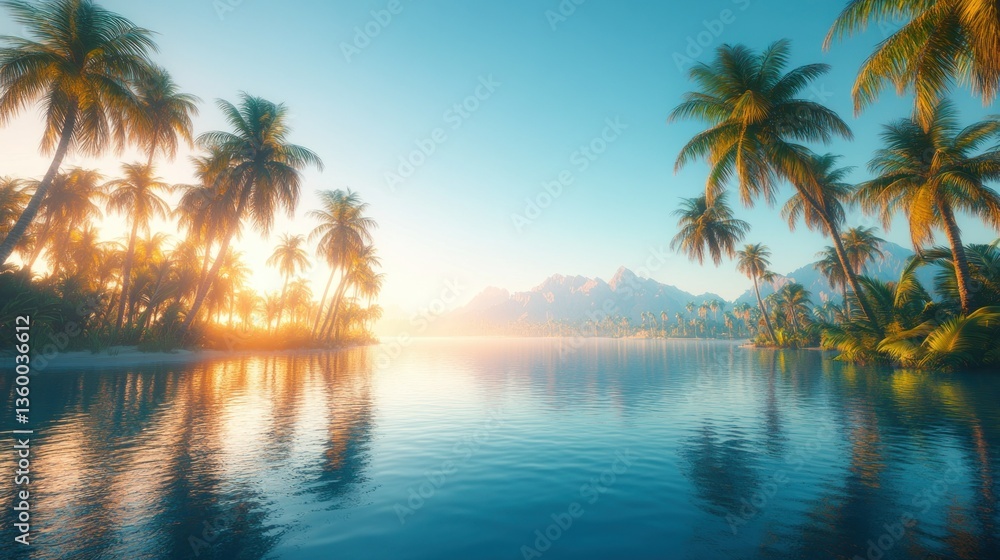 Tropical paradise at sunrise. Serene coastal scene with palm trees Tropical paradise at sunrise. Serene coastal scene with palm trees