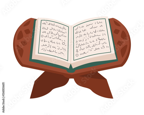 Islamic open holy book Quran on a wooden stand flat vector illustration isolated on white.