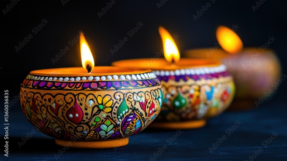 Vibrant, decorative oil lamps adorned with intricate patterns, glowing warmly against a dark backdrop, symbolizing celebration and light. Vibrant, decorative oil lamps adorned with intricate patterns, glowing warmly against a dark backdrop, symbolizing celebration and light.