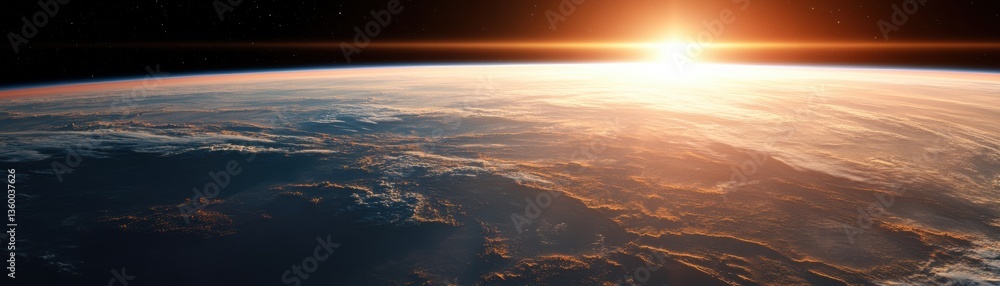 A stunning view of Earth from space at sunrise, showcasing atmospheric layers and the curvature of the planet against a backdrop of stars. A stunning view of Earth from space at sunrise, showcasing atmospheric layers and the curvature of the planet against a backdrop of stars.