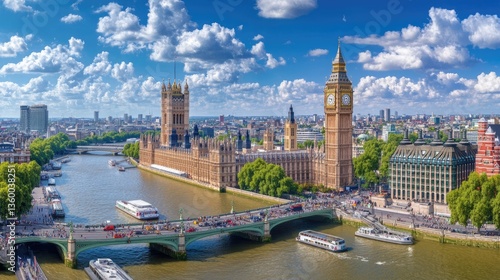 Panoramic View of London with River Thames and Iconic Big Ben