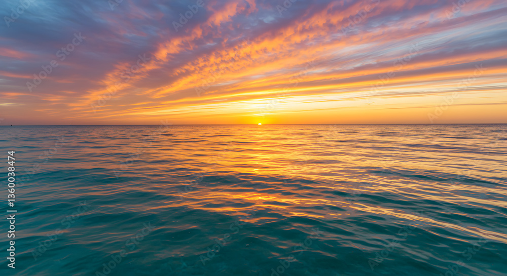 Obraz premium Serene Sunset over Calm Teal Ocean with Vivid Hues