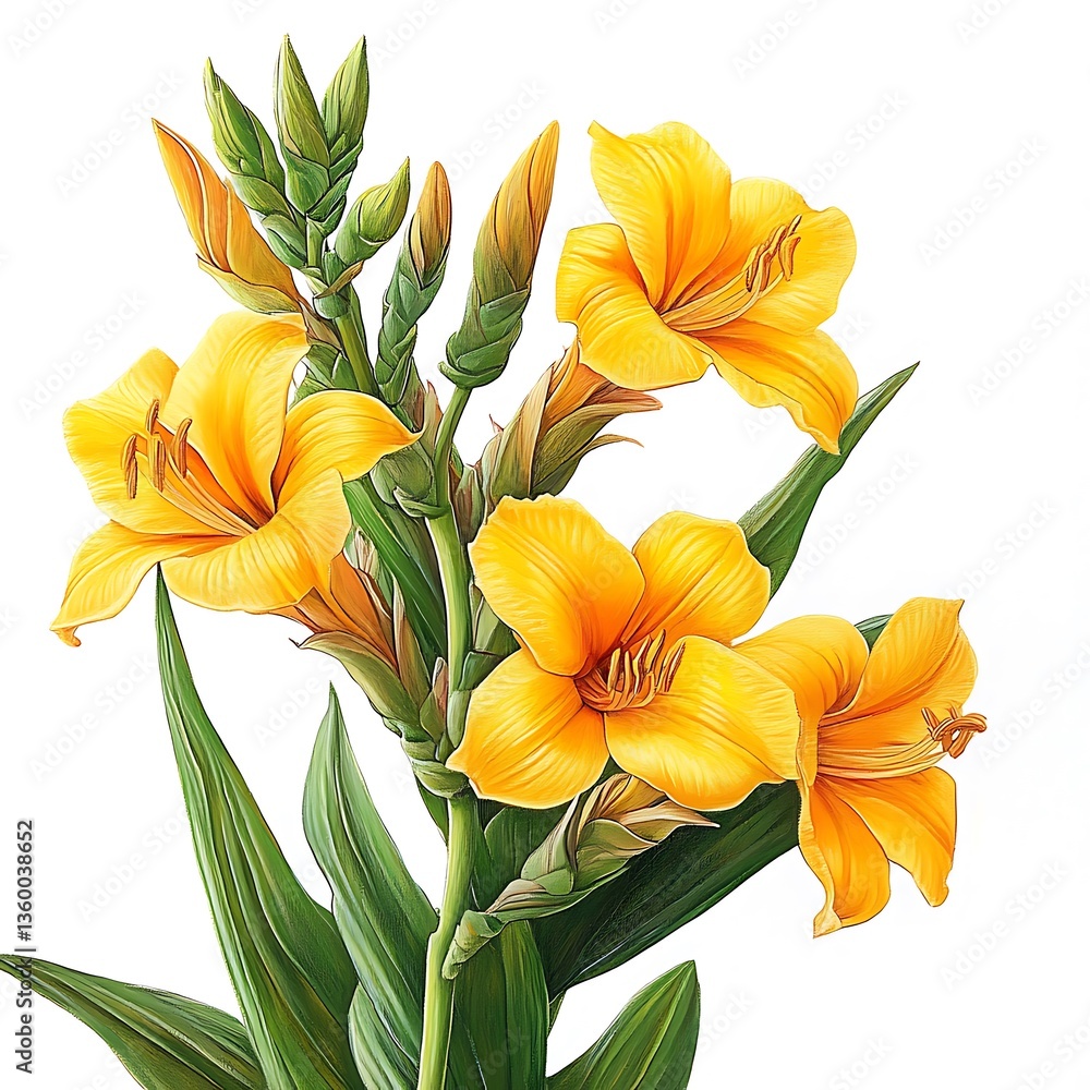 Vibrant Yellow Daylilies in Full Bloom A Close-Up Botanical Illustration. Vibrant Yellow Daylilies in Full Bloom A Close-Up Botanical Illustration.