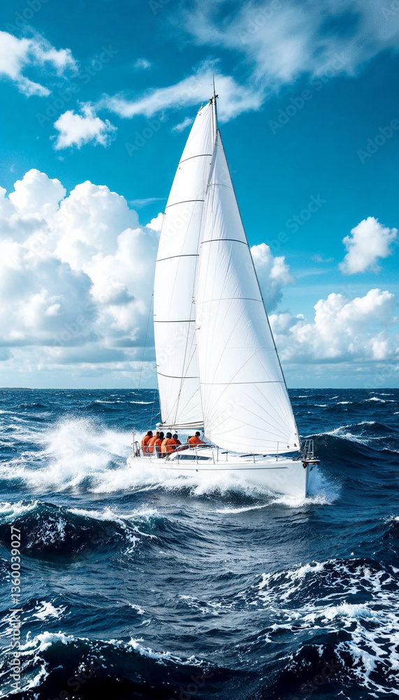 Naklejka premium A sailboat navigates choppy waters under a partly cloudy sky, with waves splashing around.