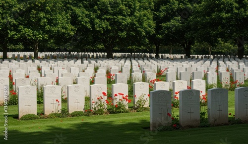 War cemetery with rows of headstones, red poppies, and green trees.