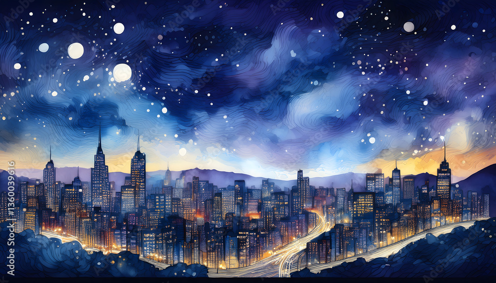 Fototapeta premium A watercolor painting depicts a city skyline at night, with a starry sky above and lights illuminating the buildings
