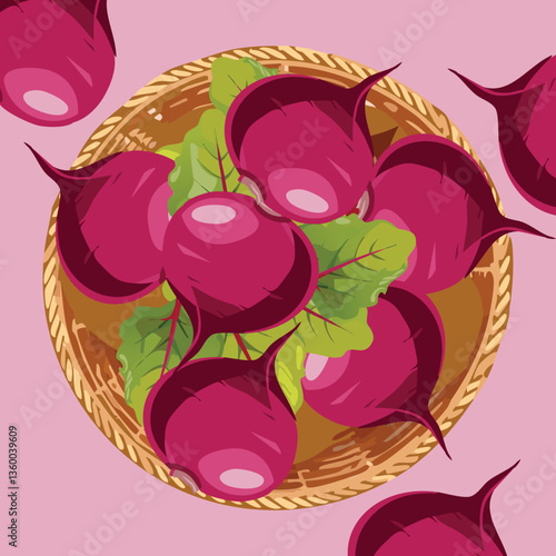 A traditional basket filled with earthy beetroots, their rich red color contrasting against the woven texture of the basket.