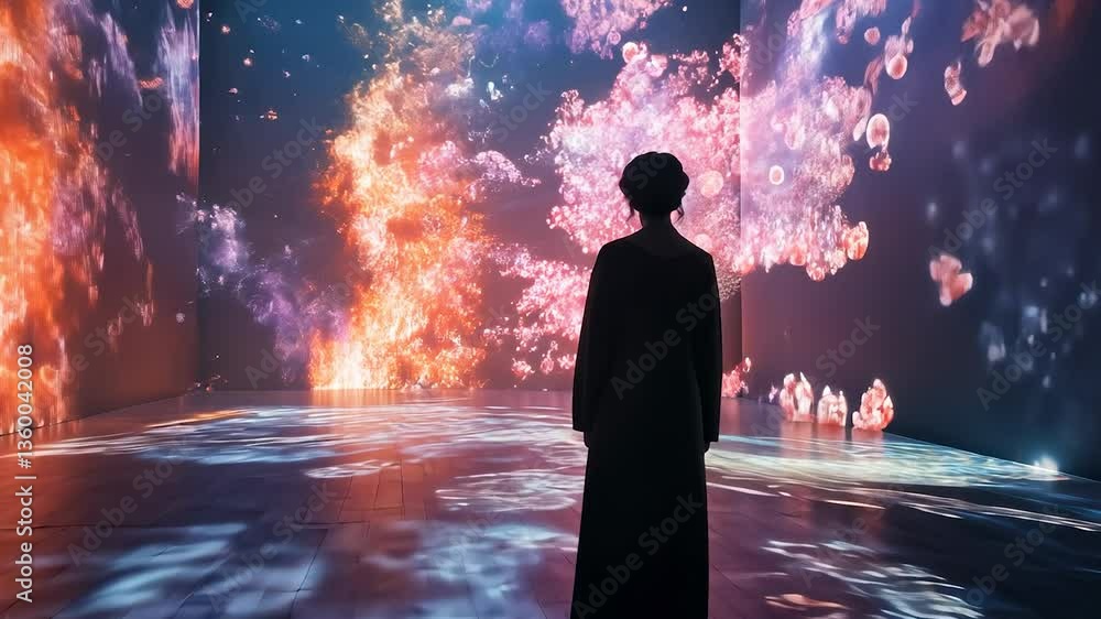 Person standing in front of large screen with colorful lights. Girl in dress in a room. A neon colored background with a neon light. An individual positioned in front of a big screen lifestyle.