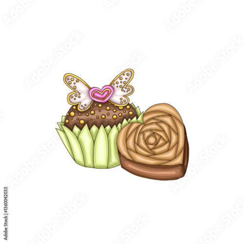 assorted chocolate in heart and round shape.