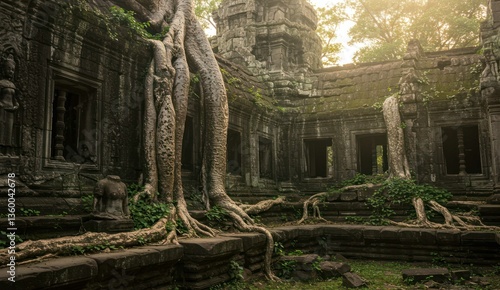 Ruins of an ancient temple overgrown with trees and vegetation.