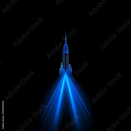 A stylized city with blue lights and a dark background