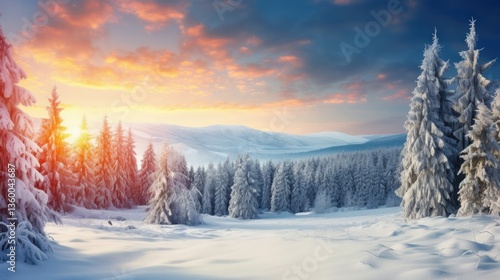 Wallpaper Mural Wonderful mountains winter scenery at morning with snow covered fir trees. Generate AI image Torontodigital.ca