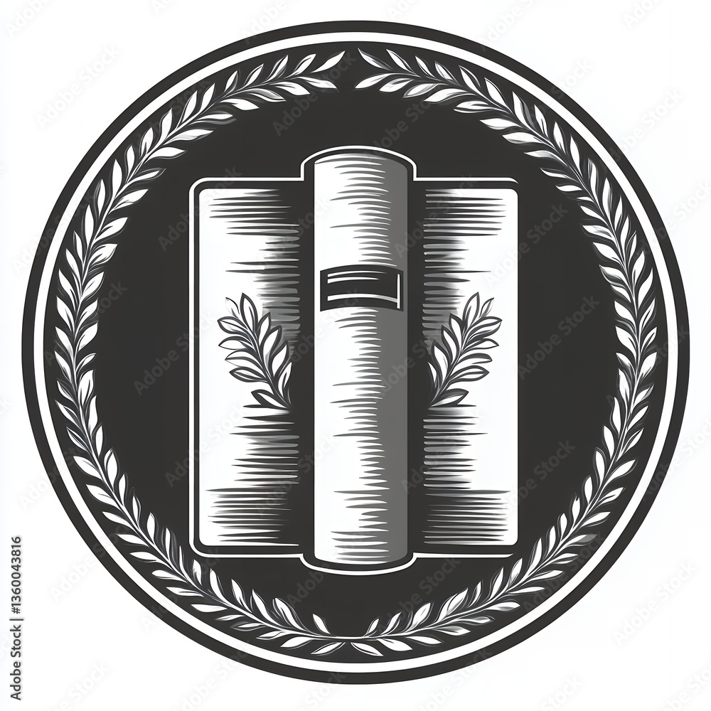 Vintage Book Emblem Design Elegant Laurel Wreath Graphic Black White Illustration Classic Style Education Knowledge Wisdom Retro Badge art