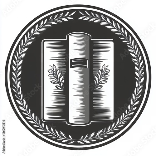 Obraz na płótnie Vintage Book Emblem Design Elegant Laurel Wreath Graphic Black White Illustration Classic Style Education Knowledge Wisdom Retro Badge art w salonie