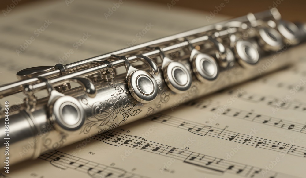 Obraz premium A silver flute rests gracefully atop a vintage sheet of music.