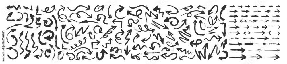 Brush, marker hand drawn arrows set isolated on transparent. Grunge arrow brush vector. Set of hand drawn vector arrows doodle Brush, marker hand drawn arrows set isolated on transparent. Grunge arrow brush vector. Set of hand drawn vector arrows doodle