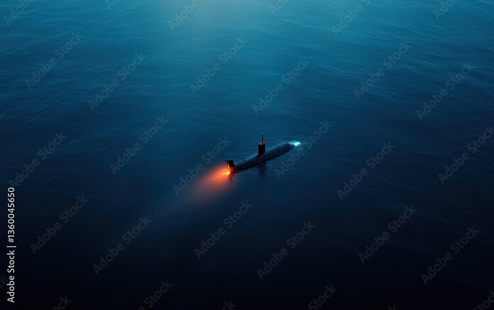Fototapeta premium High angle view of a dark airplane or submarine with glowing red engine, flying or submerged in a dark blue ocean at night