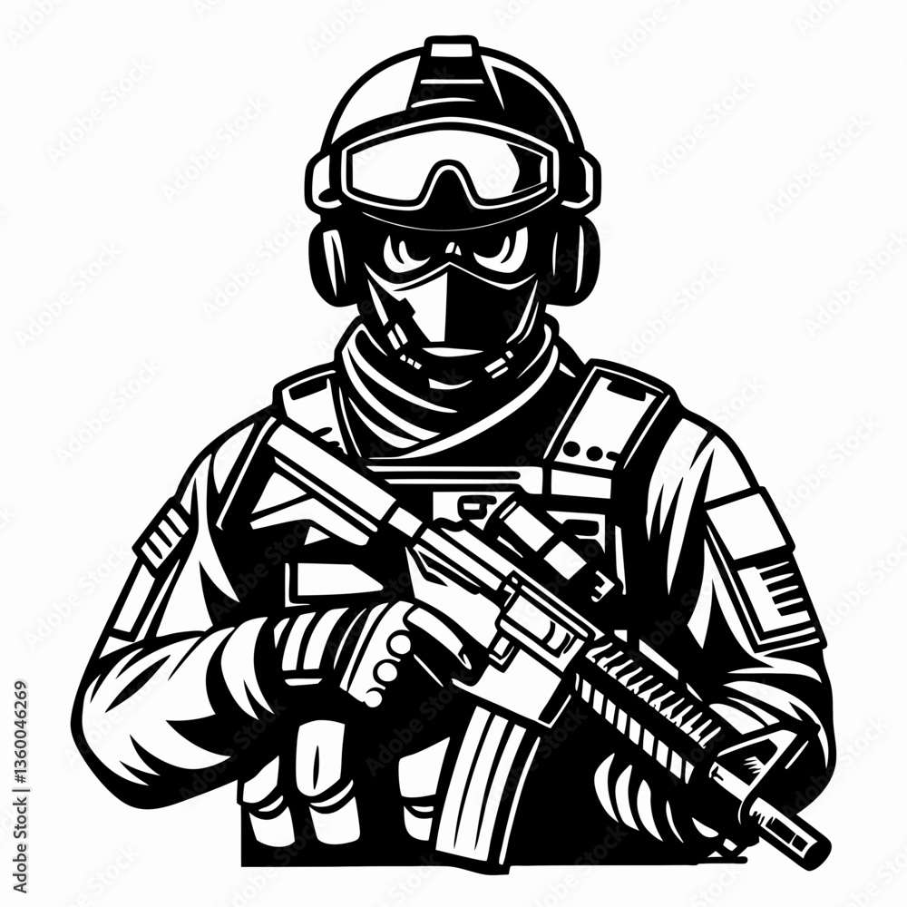 Vector illustration of a soldier in uniform with a rifle and helmet Vector illustration of a soldier in uniform with a rifle and helmet