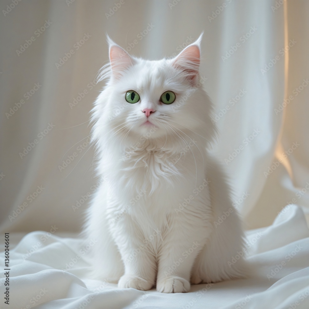 Fototapeta premium A fluffy white cat with striking green eyes sitting proudly