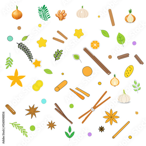 Herbs and spices set on white background