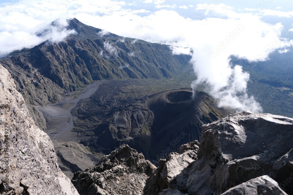 Mountain scenery while trekking Mount Meru, a volcano in Tanzania. Arusha National Park