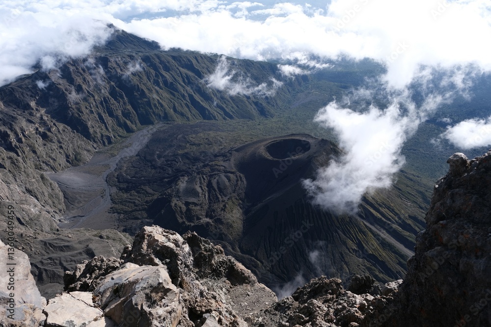 Mountain scenery while trekking Mount Meru, a volcano in Tanzania. Arusha National Park
