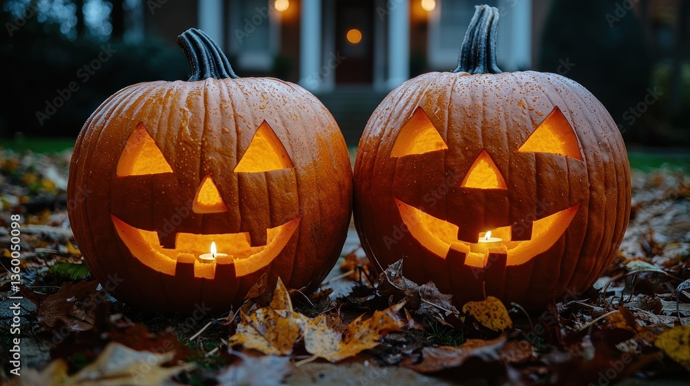 Fototapeta premium Two Jack-o'-lanterns in a garden