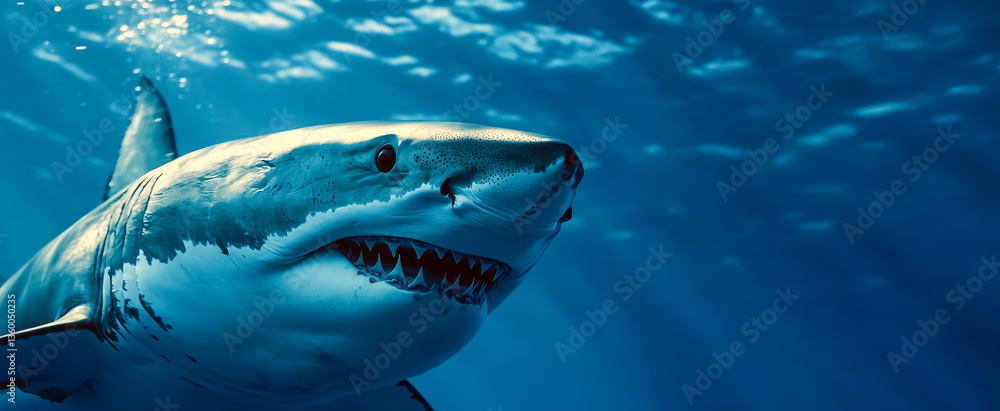 Obraz premium Great white shark swimming gracefully through deep blue ocean
