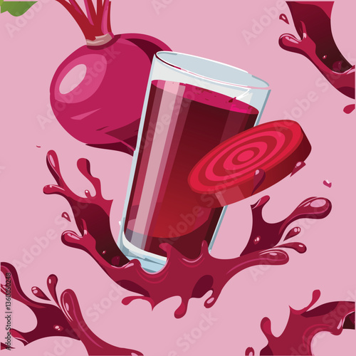 Beetroot slices scattered beside a tall glass of beetroot juice, showcasing the vibrant red tones.