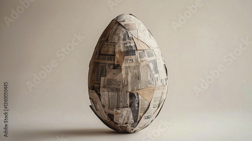 Futuristic Easter egg crafted from beautifully arranged clippings of newspapers and magazines, isolated on neutral background