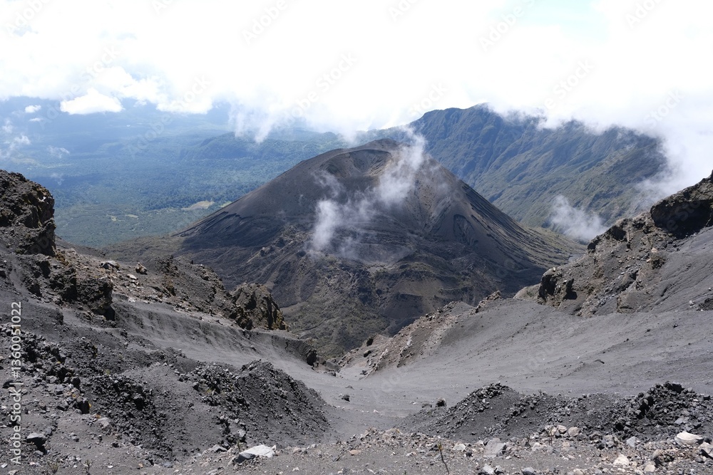 Mountain scenery while trekking Mount Meru, a volcano in Tanzania. Arusha National Park