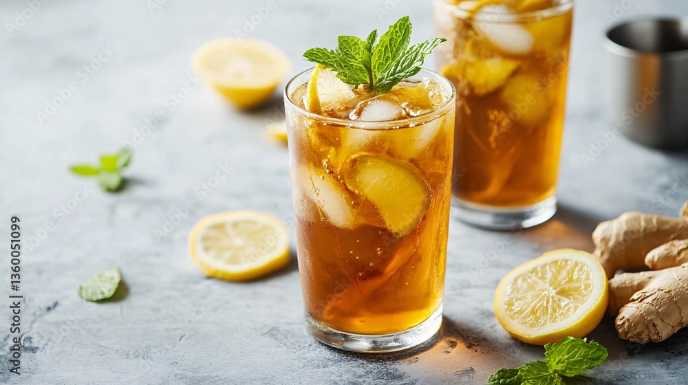 Refreshing Iced Tea Glasses with Lemon Ginger and Mint Summer Coolers Beverage Presentation Refreshing Iced Tea Glasses with Lemon Ginger and Mint Summer Coolers Beverage Presentation